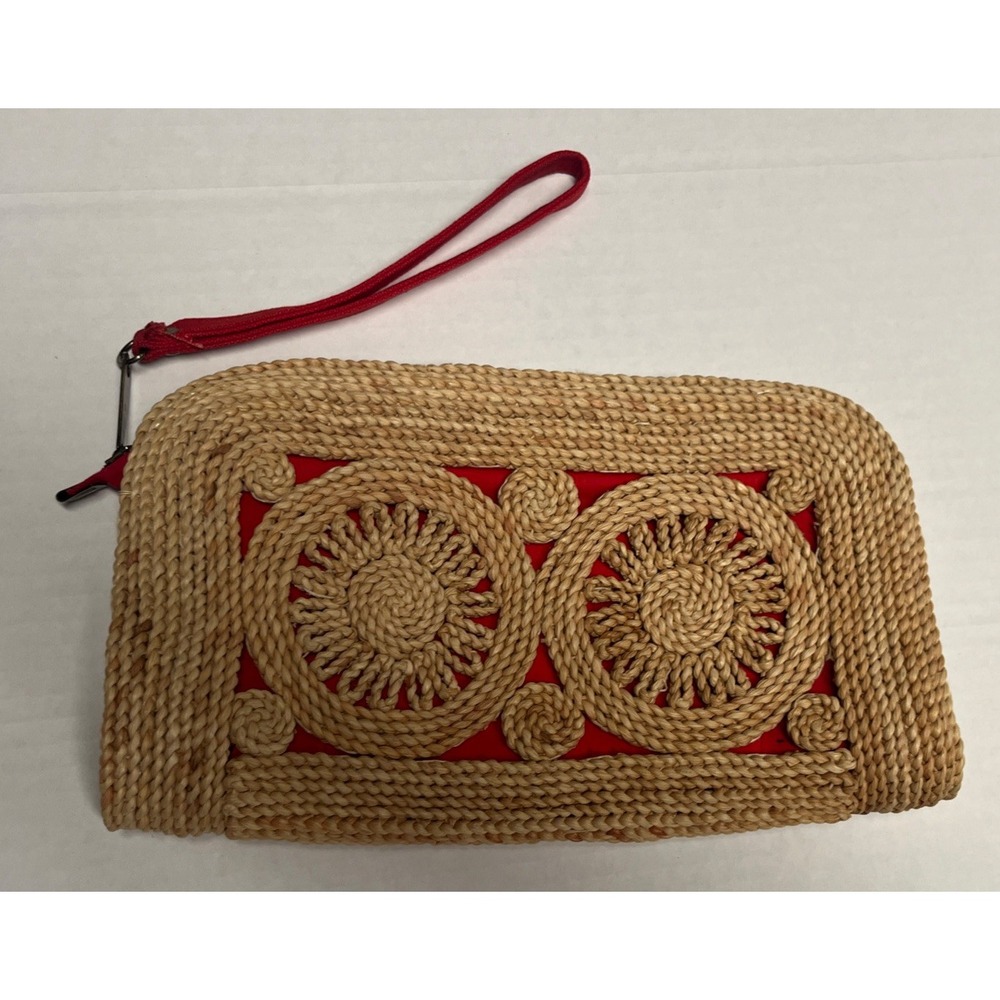 Vintage MCI Straw Clutch Wristlet Red Handwoven Raffia Boho Summer Bag 1970s